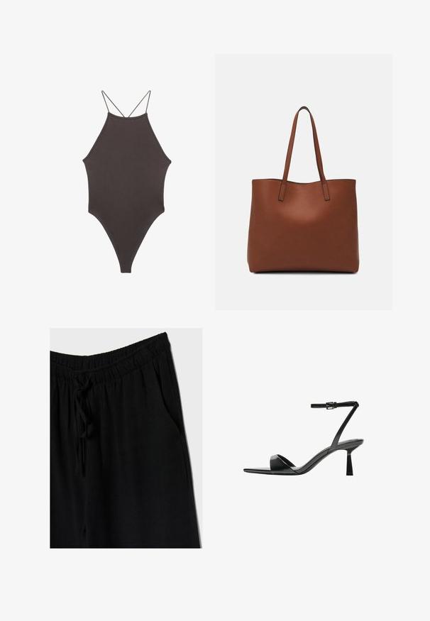 Smeđi jednodijelni kupaći kostim s visokim ovratnikom i tankim, prilagodljivim trakama; ima visoko izrezane nogavice i glatku teksturu. Bez uzoraka ili dekoracija.; Crne hlače s elastičnim pojasom i nastavkom za stezanje, imaju opušteni kroj i bočne džepove. Materijal izgleda mekano i lagano.; Bershka Sandale s visokom petom - black; Smeđa kožna torba preko ramena s glatkom teksturom, otvorenim vrhom i dvjema naramenicama. Ima minimalne šavove i nema vidljivog hardvera.