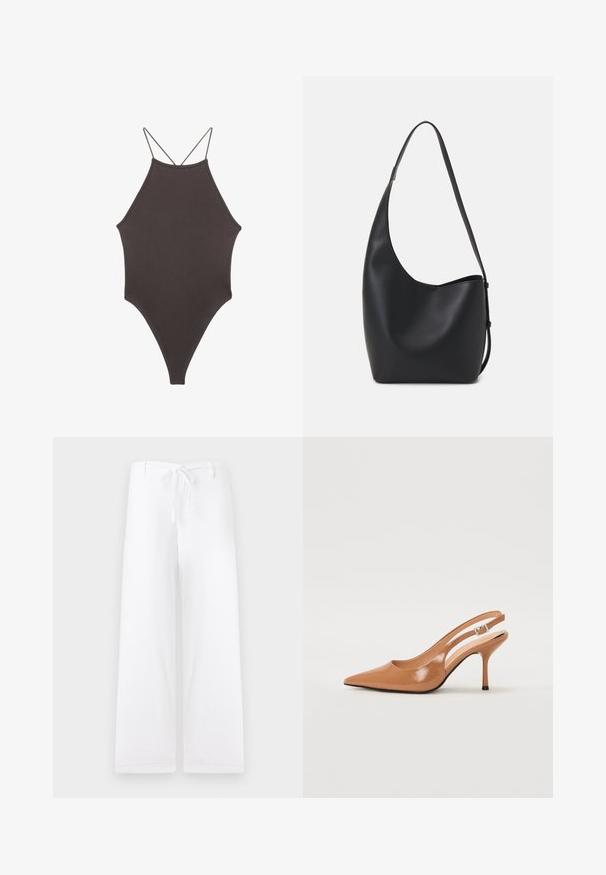 Brun, hög nacke baddräkt med tunna, justerbara remmar; har högskuren ben och slät textur. Inga mönster eller dekorationer.; Vita, vida byxor med dragsko i midjan. Tillverkade av lätt material, med en enkel design utan detaljer eller fickor.; Tåspets slingback-häl i ett slätt, glansigt brunt material. Har en kurvad utskärning och en smal stilettklack. Silverdetalj med spänne.; Svart läder hobo-väska med en slät textur, kurvig form och en justerbar axelrem; har en bred öppning upptill.