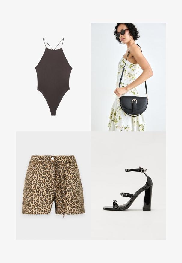 Ruskea, korkeakauluksinen yksiosainen uimapuku, jossa on ohuet, säädettävät hihnat; siinä on korkea lahje ja sileä tekstuuri. Ei kuvioita tai koristeita.; Shortsit leopardikuosisella vaaleanbeigellä ja ruskealla värimaailmalla, joissa on napitus, vyölenkit ja rento istuvuus.; Musta kiiltävä korkokenkä sandaalit neliönmuotoisella varpaalla, nilkkaremmillä ja hopeisilla soljilla. Varustettu tukevalla lohkokorkealla vakauden takaamiseksi.; Musta nahkainen käsilaukku, joka on kaareva muotoilultaan, irrotettavalla hihnalla ja kultaisilla yksityiskohdilla. Laukussa on läppä, jossa on solk yksityiskohta.