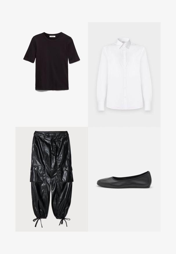 Czarna koszulka z krótkim rękawem wykonana z miękkiej bawełny, z okrągłym dekoltem i gładką, równą strukturą w minimalistycznym stylu.; Biała koszula z długim rękawem, wykonana z gładkiego materiału, z kołnierzykiem i zapięciem na guziki, ozdobiona jasnoróżowymi guzikami.; Czarne skórzane spodnie cargo o luźnym kroju, zebranymi mankietami, wieloma kieszeniami oraz gładką, błyszczącą fakturą. Wyróżniają się akcentami z guzikami.; Czarne skórzane baletki z zaokrąglonym noskiem, gładką fakturą, minimalnymi przeszyciami i elastycznym designem podeszwy.