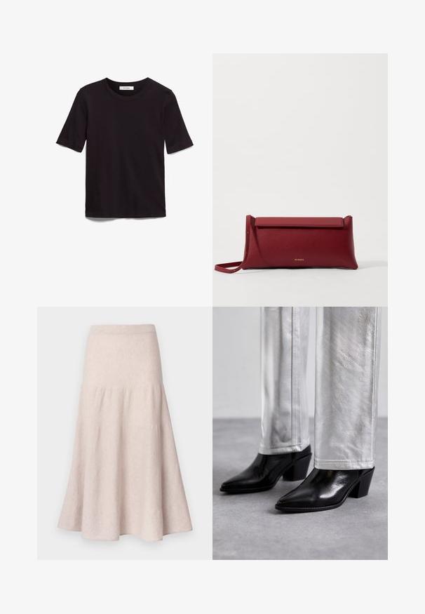 Black short-sleeve T-shirt made of soft cotton, featuring a round neckline and a smooth, even texture with a minimal design.; Light beige flared skirt made from soft fabric, featuring a high waist and gathered design with a flowing silhouette.; Black leather ankle boots with a pointed toe and block heel, paired with shiny silver pants, showcasing sleek textures and contrasting colors.; Red leather clutch bag with a textured finish, featuring a flat fold-over top and a short strap. Subtle brand logo on the front.