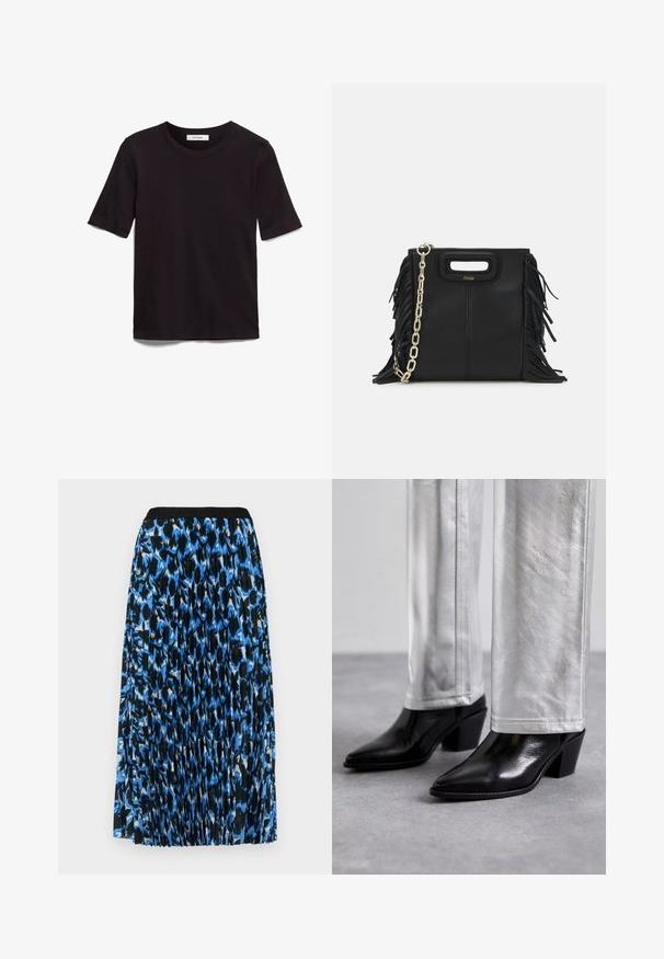 Melnas īsām piedurknēm T-krekls no mīkstas kokvilnas, ar apaļu izgriezumu un gludu, vienmērīgu tekstūru ar minimālu dizainu.; Bordēta midi svārku ar ziedu rakstu zilā, melnā un baltā krāsā. Iezīme melna elastīga josta ērtībai.; Melni ādas potīšu zābaki ar norādītu pirkstu un kvadrātveida papēdi, apvienoti ar spīdīgām sudraba biksēm, izceļot elegantas faktūras un kontrastējošas krāsas.; Melna ādas rokassoma ar frizūras detaļām, zelta ķēdes plecu siksnu un izgrieztu rokturi. Ir logotipa novietojums priekšpusē.