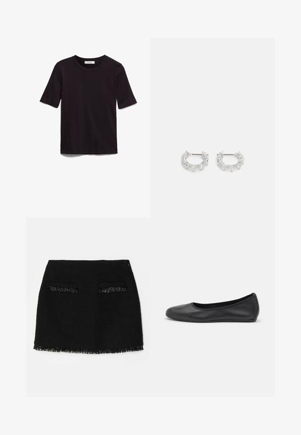 Crna majica s kratkim rukavima od mekog pamuka, s okruglim izrezom i glatkom, ravnom teksturom, minimalističkog dizajna.; Crna suknja s teksturiranom tkaninom, koja ima dva prednja džepa i detalj resica na rubu. Opći oblik je uski A-linijski dizajn.; Crne kožne baletanke s zaobljenim vrhom, glatke teksture, minimalnim detaljima šavova i fleksibilnim dizajnom potplata.; Srebrne naušnice s okruglom petljom koje sadrže prozirne, pravokutne i trokutaste kristale raspoređene u uzorak. Kopče za sigurno pričvršćivanje.