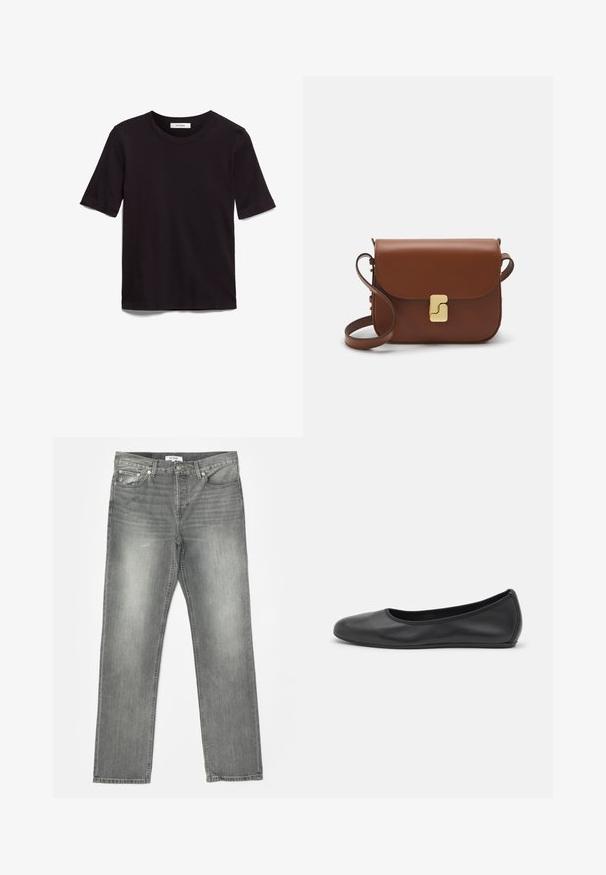 Crna majica s kratkim rukavima od mekog pamuka, s okruglim izrezom i glatkom, ravnom teksturom, minimalističkog dizajna.; RE/DONE EASY - Traperice ravnih nogavica - grigio; Crne kožne baletanke s zaobljenim vrhom, glatke teksture, minimalnim detaljima šavova i fleksibilnim dizajnom potplata.; Smeđa kožna torba s preklopom, zlatnim detaljima, remenom za nošenje preko ramena i glatkom teksturom. Kompaktni pravokutni oblik.