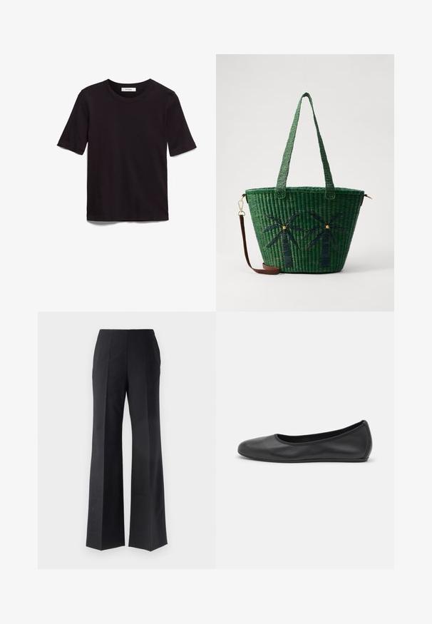 Juodas trumpas rankovės T-shirt, pagamintas iš minkštos medvilnės, su apvaliu kaklu ir lygiu, tolygiu paviršiumi bei minimalistiniu dizainu.; Juodi pritaikyti kelniai su išplatintu pėdkelnių dizainu, turintys vertikalius raukinukus ir lygią tekstūrą. Nėra matomų detalių ar akcentų.; Juodai odiniai baletai su apvaliu pirštu, lygi texture, minimalus siuvimo detales ir lanksčiu padų dizainu.; Žalia pynimo dydžio kuprinė su palmės medžiais tamsiai žaliai; turi dvi rankenas ir nuimamą rudos odos petinę dirželį.
