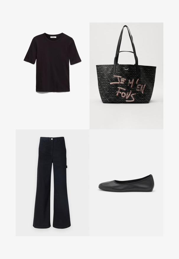 Schwarzes T-Shirt mit kurzen Ärmeln aus weicher Baumwolle, mit rundem Halsausschnitt und glatter, gleichmäßiger Textur in einem schlichten Design.; Schwarze, hoch taillierte, ausgestellt geschnittene Hose aus robustem Material. Zu den Merkmalen gehören fünf Taschen und ein Metallknopfverschluss an der Taille.; Schwarze Leder-Ballettschuhe mit abgerundeter Spitze, glatter Textur, minimalen Nähdetails und einem flexiblen Sohlen-Design.; Schwarze Tote-Bag aus strukturiertem Material mit Rautenmuster, Schulterriemen und auffälligem roten und weißen Text "JE M'EN FOUS."