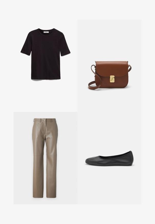 Maglietta nera a maniche corte in cotone morbido, con scollo rotondo e una texture liscia e uniforme, caratterizzata da un design minimale.; Pantaloni in pelle marrone con vestibilità dritta, caratterizzati da un girovita a media altezza e dettagli di cucitura sottili. Tessuto liscio con una finitura lucida.; Pantofole da balletto nere in pelle con punta arrotondata, texture liscia, dettagli di cucitura minimi e design con suola flessibile.; Borsa a tracolla in pelle marrone con chiusura a pattina, hardware color oro, tracolla e una finitura liscia. Forma rettangolare compatta.