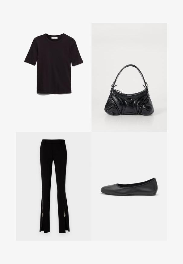 Camiseta negra de manga corta hecha de algodón suave, con un escote redondo y una textura lisa y uniforme con un diseño minimalista.; DSQUARED2 ICON TRUMPET PANT - Pantalones - black; Bailarina de piel negra con punta redondeada, textura suave, detalle de costura minimalista y diseño de suela flexible.; Bolso negro de piel texturizada con forma redondeada. Cuenta con una fina correa para el hombro y patrones decorativos en relieve.