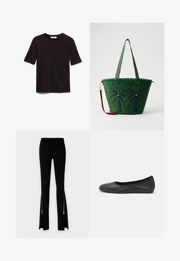 Schwarzes T-Shirt mit kurzen Ärmeln aus weicher Baumwolle, mit rundem Halsausschnitt und glatter, gleichmäßiger Textur in einem schlichten Design.; DSQUARED2 ICON TRUMPET PANT - Stoffhose - black; Schwarze Leder-Ballettschuhe mit abgerundeter Spitze, glatter Textur, minimalen Nähdetails und einem flexiblen Sohlen-Design.; Grüne geflochtene Tragetasche mit Palmbaumdesigns in dunklerem Grün; mit zwei Griffen und einem abnehmbaren braunen Ledertragegurt.