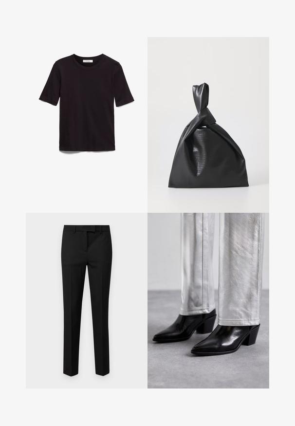 Czarna koszulka z krótkim rękawem wykonana z miękkiej bawełny, z okrągłym dekoltem i gładką, równą strukturą w minimalistycznym stylu.; Czarne spodnie o prostym kroju, wykonane z gładkiego materiału, z pętelkami na pasek i bez widocznych wzorów czy elementów metalowych.; Czarne skórzane botki do kostek z ostrym noskiem i słupkowym obcasem, zestawione z błyszczącymi srebrnymi spodniami, podkreślające gładkie tekstury i kontrastujące kolory.; Nanushka JEN czarny