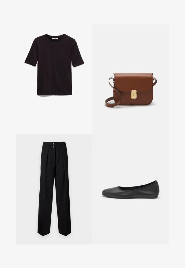 Čierne tričko s krátkym rukávom vyrobené z jemnej bavlny, s okrúhlym výstrihom a hladkým, rovnomerným povrchom s minimálnym dizajnom.; Čierne nohavice s širokými nohavicami a vysokým pásom, dvojitým zapínaním na gombíky a prednými záhybmi. Vyrobené z textúrovanej látky, s rovnými lemami.; Čierne kožené baleríny s okrúhlou špičkou, hladkým povrchom, minimálnym prešívaním a flexibilným dizajnom podrážky.; Hnedá kožená kabelka s klopou, zlatými kovovými prvkami, ramenným popruhom a hladkým povrchom. Kompaktný obdĺžnikový tvar.