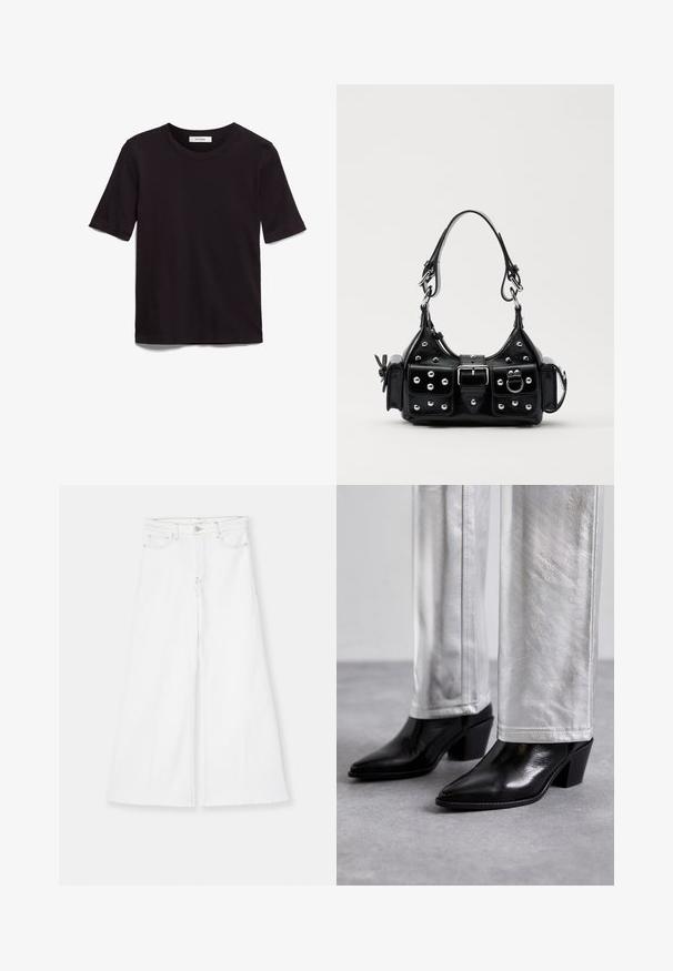 Black short-sleeve T-shirt made of soft cotton, featuring a round neckline and a smooth, even texture with a minimal design.; FRAME LE PALAZZO CROP RAW FRAY - Flared Jeans - white; Black leather ankle boots with a pointed toe and block heel, paired with shiny silver pants, showcasing sleek textures and contrasting colors.; Black leather handbag with a curved design, featuring silver studs, a buckle, and two side pockets. Adjustable strap for carrying options.