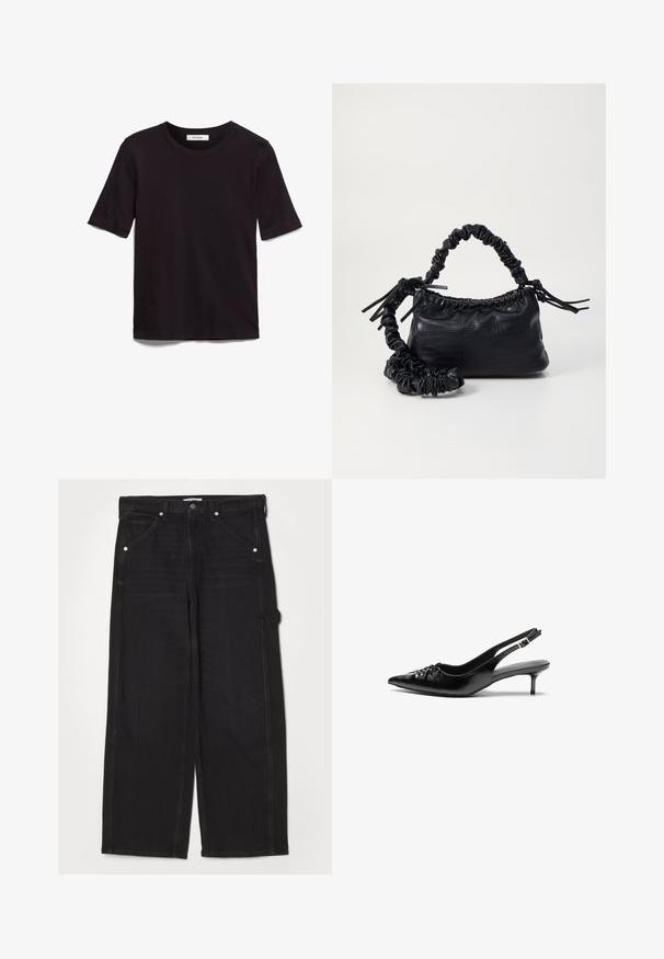 Black short-sleeve T-shirt made of soft cotton, featuring a round neckline and a smooth, even texture with a minimal design.; RE/DONE PAINTER JEAN - Relaxed fit jeans - crafted black; Black leather slingback heels with a pointed toe, small kitten heel, and a decorative knot detail on the front. Smooth texture throughout.; Black faux leather handbag with a crocodile texture, cinched top, and a scrunched strap. Appears soft and compact in design.
