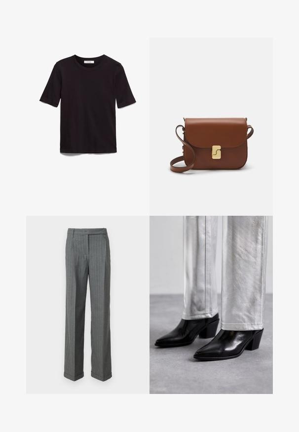 Czarna koszulka z krótkim rękawem wykonana z miękkiej bawełny, z okrągłym dekoltem i gładką, równą strukturą w minimalistycznym stylu.; Szare spodnie w prążki z niebieskimi akcentami, o prostym kroju nogawki, z pętelkami na pasek i zaciągniętym dołem. Wykonane z teksturowanej tkaniny.; Czarne skórzane botki do kostek z ostrym noskiem i słupkowym obcasem, zestawione z błyszczącymi srebrnymi spodniami, podkreślające gładkie tekstury i kontrastujące kolory.; Brązowa skórzana torebka na ramię z klapką, złotymi detalami, paskiem na ramię i gładką teksturą. Kompaktowy prostokątny kształt.