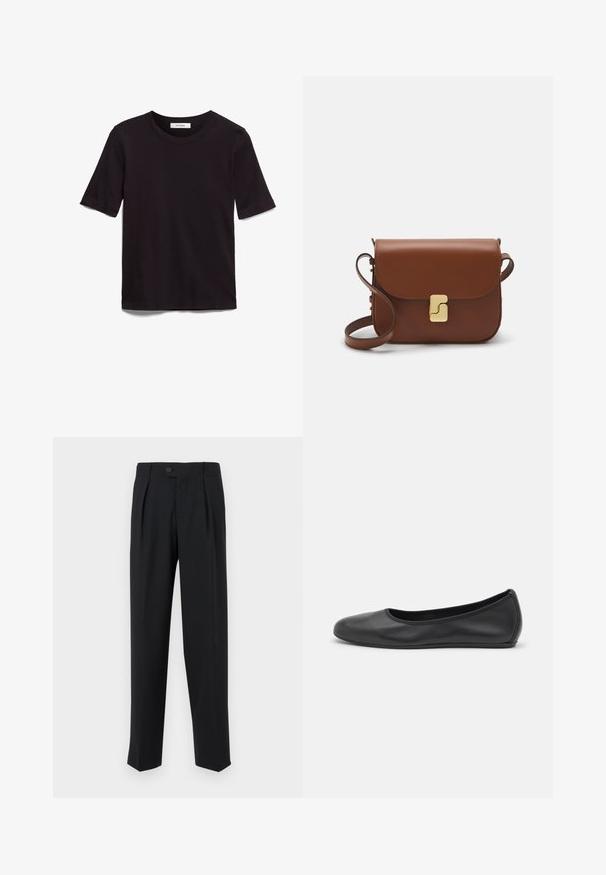 Fekete, rövid ujjas póló, puha pamutból készült, kerek nyakkivágással és sima, egyenletes textúrával, minimalista dizájnnal.; Fekete nadrág sima anyagból, elülső redőkkel, egy gombos záródással és egyenes lábakkal. Minimalista dizájn, minta nélkül.; Fekete bőr balettcipő lekerekített orral, sima tekstúrával, minimális varrással és rugalmas talp kialakítással.; Barna bőr kézitáska, hajtókás zárással, arany színű fém kiegészítőkkel, vállpánttal és sima felülettel. Kompakt téglalap alakú.