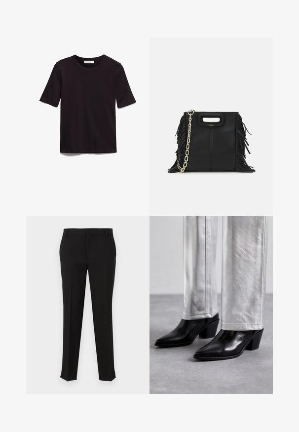 Svart kortärmad T-shirt i mjuk bomull, med rund halsringning och en slät, jämn yta med en minimalistisk design.; Svarta skräddarsydda byxor i ett slätt tyg, med rak bendesign, bältesöglor och sidofickor. Inga synliga mönster eller metalldetaljer.; Svarta läderankelstövlar med spetsig tå och blockklack, kombinerade med glänsande silverbyxor, vilket visar upp eleganta strukturer och kontrasterande färger.; Svart läderhandväska med fransdetaljer, guldkedja som axelrem och ett handtag med urtag. Har logotyp placering framtill.