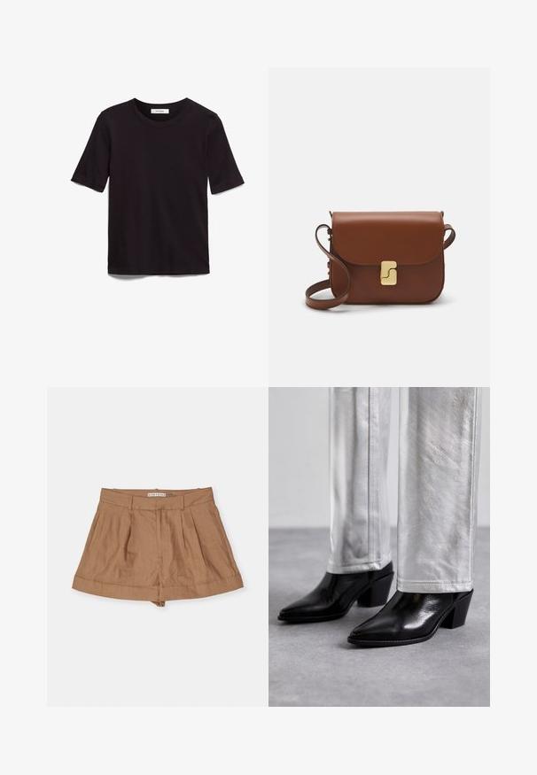 Zwarte T-shirt met korte mouwen van zacht katoen, met een ronde hals en een gladde, gelijkmatige textuur met een minimaal ontwerp.; Lichtbruine linnen short met een geplisseerd ontwerp, brede tailleband en opgerolde manchetten, weergegeven tegen een witte achtergrond.; Zwarte leren enkellaarzen met een spitse neus en blokhak, gecombineerd met glanzende zilveren broeken, die slanke texturen en contrasterende kleuren laten zien.; Bruine leren handtas met een klep sluiting, gouden hardware, een schouderband en een gladde textuur. Compact rechthoekige vorm.