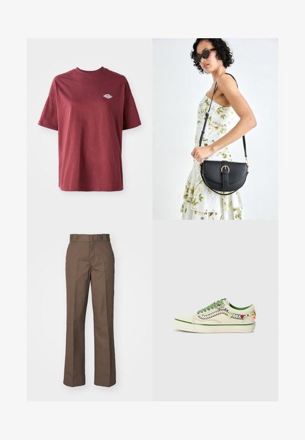 Karmīda kokvilnas T-krekls ar apaļu kakla izgriezumu, īsām piedurknēm un mazu balto logo kreisajā krūškurvja rajonā. Gluda tekstūra, brīva piegrieztne.; Brūna kokvilnas bikses ar taisnu kāju dizainu, ar gludu priekšpusi un jostas cilpām. Gluda tekstūra, nav redzamu rakstu vai akcentu.; Vans OLD SKOOL COCONA - Treniņu apavi - cream; Melnas ādas rokassoma ar izliekta formu, noņemamu siksnu un zelta aksesuāriem. Somai ir vāciņš ar sprādzes detaļu.