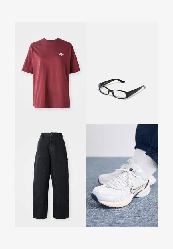 T-shirt de algodão cor bordô com decote redondo, mangas curtas e um pequeno logótipo branco na área esquerda do peito. Textura suave, corte descontraído.; Calças cargo largas de ganga preta com uma cintura alta, dois bolsos frontais grandes e um fecho de botão na cintura. Textura suave, design casual.; Ténis de athletic da Nike com um upper em malha em branco e azul claro, apresentando uma sola espessa, fecho de atacadores e um detalhe em swoosh azul marinho.; Óculos retangulares pretos com lentes transparentes. Acabamento brilhante, hastes estreitas e um tom roxo visível nas bordas das lentes.
