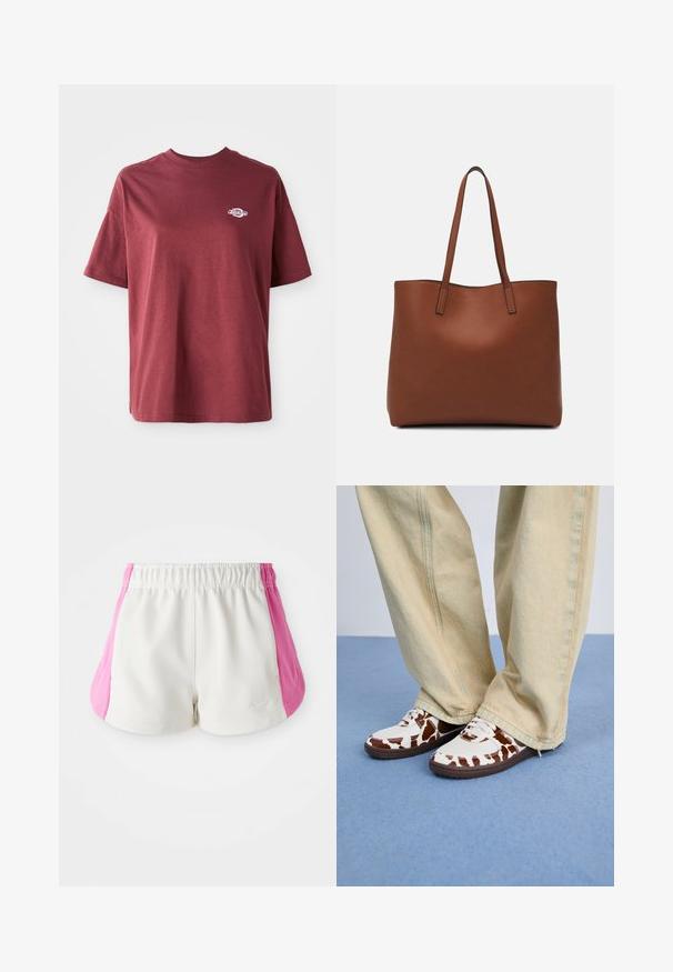 Μαρόν βαμβακερό t-shirt με στρογγυλή λαιμόκοψη, κοντά μανίκια και μικρό λευκό λογότυπο στην αριστερή πλευρά του στήθους. Λείο υλικό, άνετη εφαρμογή.; Λευκές αθλητικές βερμούδες με ροζ πλαϊνές επιφάνειες και ελαστική μέση, διακοσμημένες με ένα μικρό λογότυπο Nike στο μπροστινό δεξί πόδι.; Λευκά και καφέ παπούτσια αθλητικά με σχέδιο, από δίχτυ και δέρμα, με καφέ καουτσούκ σόλες. Συνδυασμένα με ανοιχτό μπεζ παντελόνι φαρδύ.; Καφέ δερμάτινη τσάντα tote με λεία υφή, ανοιχτό σχέδιο και δύο λουριά ώμου. Διαθέτει ελάχιστη ραφή και χωρίς ορατά μεταλλικά εξαρτήματα.