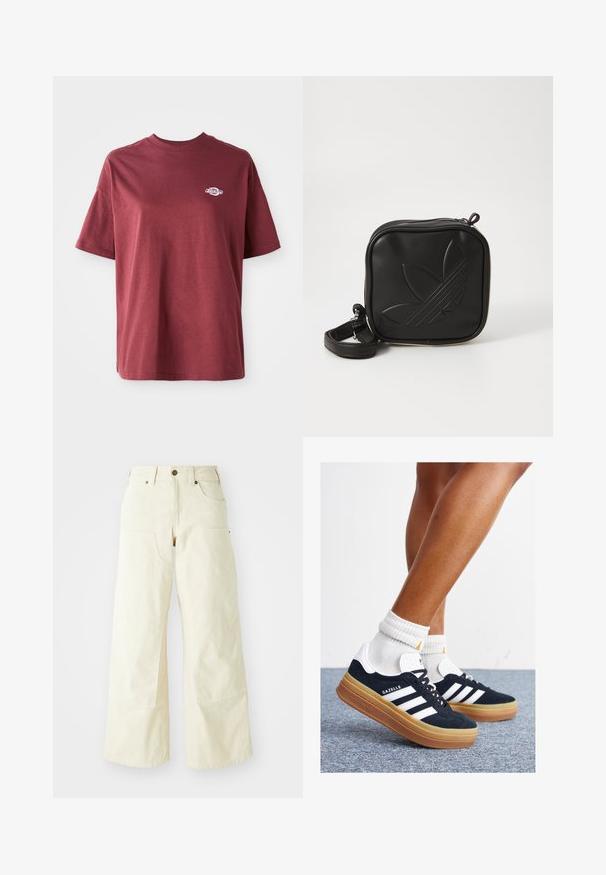 Bordový bavlnený tričko s okrúhlym výstrihom, krátkymi rukávmi a malým bielym logom na ľavej strane hrudníka. Hladká textúra, uvoľnený strih.; Béžové nohavice s širokými nohavicami vyrobené z bavlny, s vysokým pásom, veľkými prednými vreckami a hladkou textúrou s minimálnym detailom šitia.; Čierne semišové tenisky s bielymi pruhmi a detailmi, so zaoblenou špičkou, podrážkou z gumovej gumy, doplnené bielymi rebrovanými ponožkami.; Čierna štvorec krossbody taška vyrobená z textúrovaného syntetického materiálu. Obsahuje embosovanú logo úpravu a nastaviteľný popruh. Zapínanie na zips.