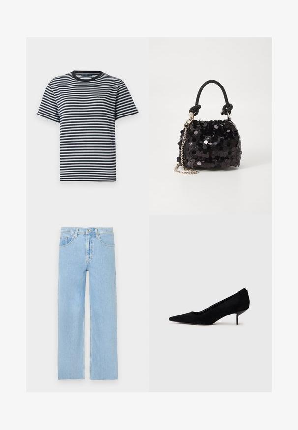 Prugasta majica s crno-bijelim horizontalnim prugama, okruglim izrezom i kratkim rukavima. Izrađena od mekog, laganog materijala.; Svijetloplave traperice ravnog kroja, s pet džepova i prednjim metalnim kopčanjem. Lagano izlizana tekstura.; Crna nubuk visoka potpetica s šiljastim vrhom i tankom, niskom potpeticom. Glatka tekstura s elegantnim dizajnom, bez vidljivih dodataka.; Crna mini torbica sa šljokicama, s čvorastim teksturiranim remenom i srebrnim lancem. Zaobljenog oblika s naboranim vrhom i reflektivnim detaljima.