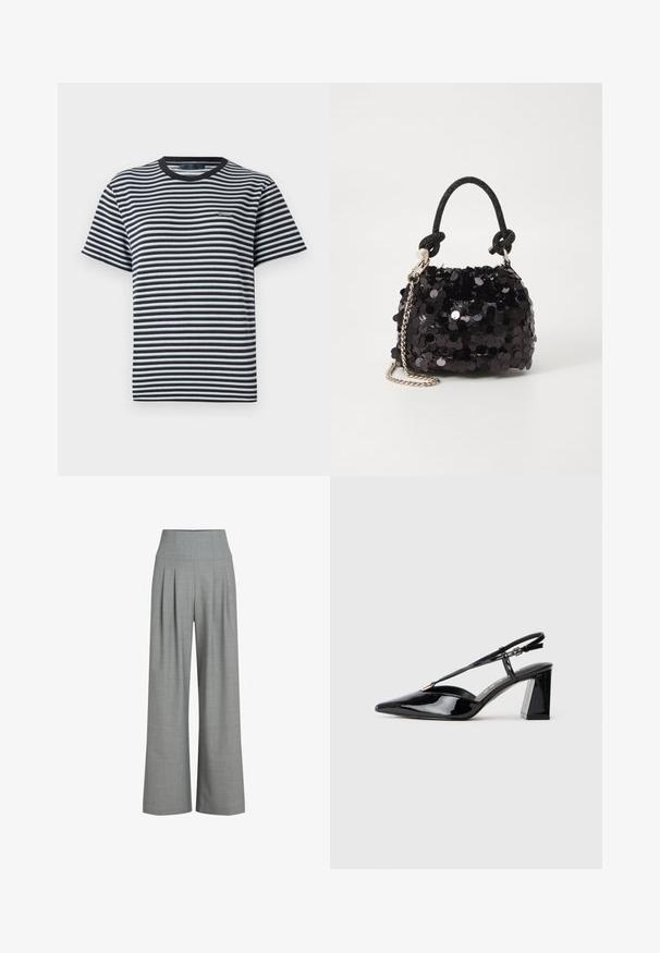 Ribaga T-särk, millel on mustad ja valged horisontaalsed triibud, ümmargune kaelus ja lühikesed varrukad. Valmistatud pehmest, kergest kangast.; Hallide pleeditud laiad püksid heledas hallis värvitoonis kõrge vöökohaga, valmistatud tekstuuriga kangast, millel on sile viimistlus ja puhtad jooned.; Mustadast mustast lakknahast kõrge kontsaga kingad, millel on terav varvas, reguleeritav rihm ja jäme ristkülikuline konts.; Must have mustrõngus mustal sädelev mini käekotil on sõlme tekstuuriga rihm ja hõbedane ketis. Ümar kuju, kokku kogutud ülaosa ja peegeldav detail.