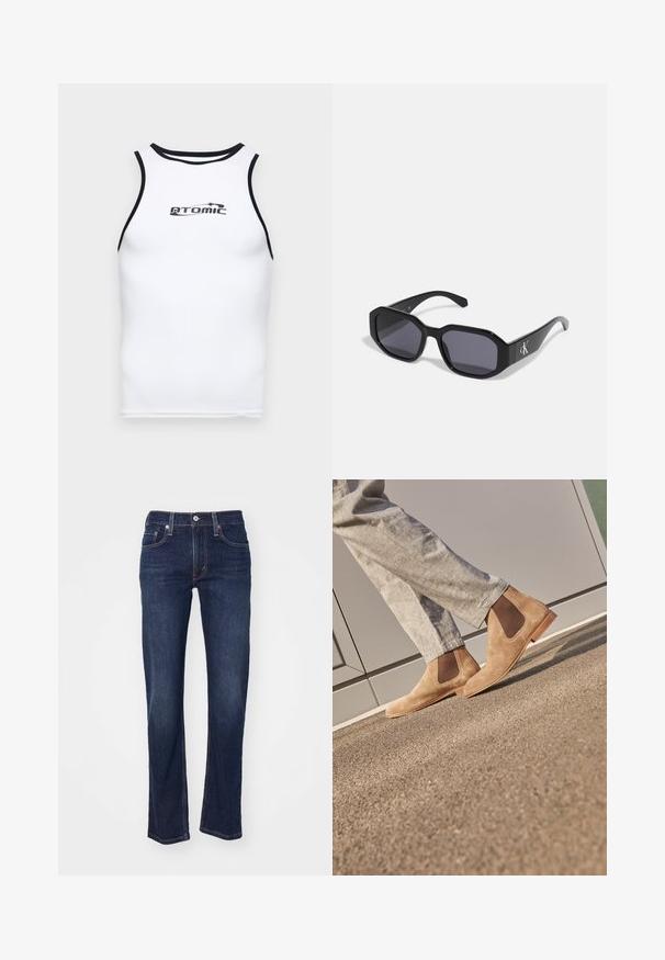 Camisola sem mangas branca com acabamento em preto, textura suave e um logótipo impresso "ATOMIC" centrado no peito.; Jeans de ganga azul-escuro com corte reto, apresentando um design tradicional de cinco bolsos e detalhes costurados nas costuras.; Botas Chelsea de camurça castanha com painéis laterais elásticos e uma sola de borracha lisa em tom bege, combinadas com calças cinza claro sobre uma superfície texturizada.; Óculos de sol pretos com uma armação octagonal, lentes escuras, material em plástico brilhante e um detalhe de logotipo prateado de um lado.