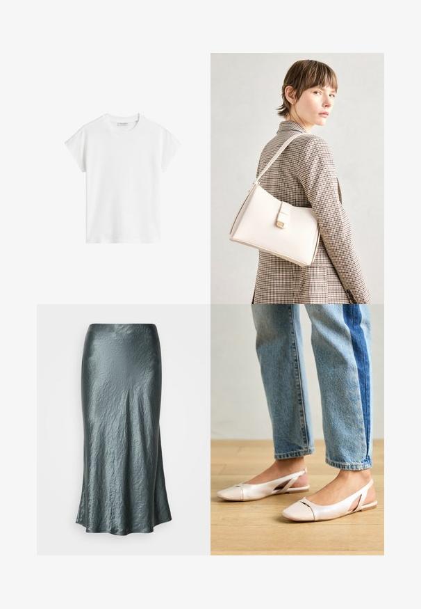 Hvit kortermet t-skjorte laget av bomull. Har en avslappet passform med rund halslinning og lett senkede skuldersømmer. Ingen mønstre eller detaljer.; Metallisk teal midi-skjørt med en krøllete tekstur, med en klokkeformet fasong og glatt overflate. Ingen synlige lukkinger eller dekorelementer.; Lys rosa slingback leiligheter med spiss tå, laget av et glatt, læraktig materiale. Har utskjæringer på sidene og lav hæl.; Hvit lær veske med en strukturert design, med magnetlås og skulderstropp, vist mot en nøytral bakgrunn.