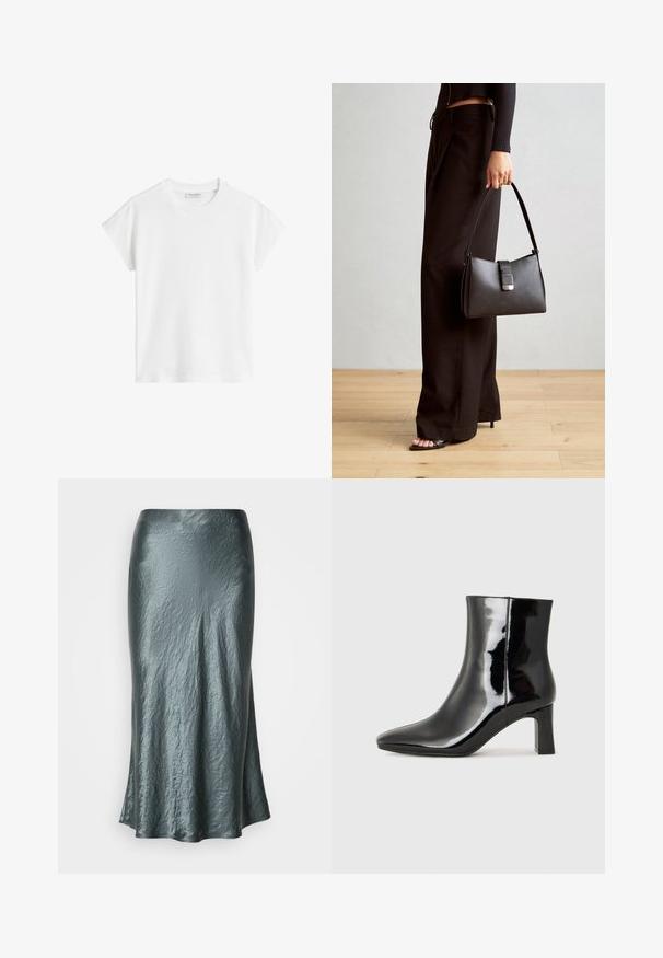 Balta trumpa rankovė t-shirt pagaminta iš medvilnės. Savybės: laisvas kirpimas, apvalus kaklas ir šiek tiek nuleisti pečių siūlai. Be raštų ar akcentų.; Metallic teal ilgio sijonas su raukšlėtu tekstūru, pasižymintis išsiplėtusiu siluetu ir lygia apdaila. Nėra matomų užsegimų ar papuošimų.; Juodos lakuotos odinės aulinukės su smailiu pirštu ir vidutinio aukščio blokuotu kulnu. Lygus paviršius ir minimalistinis dizainas.; Juodas rankinė struktūrizuota forma, lygi tekstūra ir metalinis užsegimas. Suporuota su plačiomis juodomis kelnėmis ir atvirais bateliais ant medinių grindų.