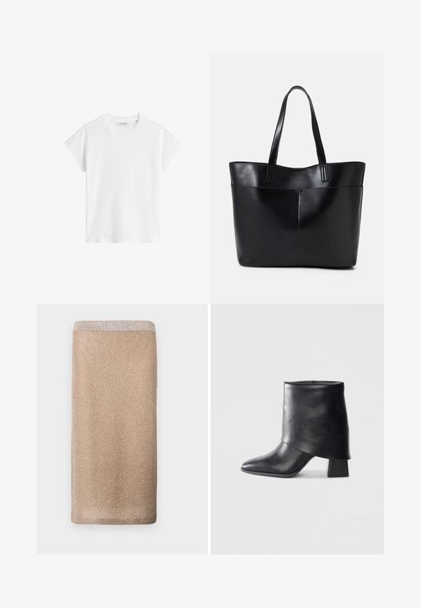 Fehér, rövid ujjú póló, pamutból készült. Lazán illeszkedő, kerek nyakú, enyhén eső vállvarrással rendelkezik. Nincsenek minták vagy díszítések.; Bézs színű, kötött sál, finom fényű, texturált felülettel és világosabb színű szegéllyel a felső élnél. Téglalap alakú.; Fekete bőr bokacsizma, hegyes orral, sima felülettel és strukturált blokk sarokkal. Magas, hajtott szegéllyel rendelkezik.; Fekete bőr bevásárlótáska két hosszú fogantyúval, sima felülettel és strukturált formával. Elülső zseb található rajta a plusz tárolás érdekében.