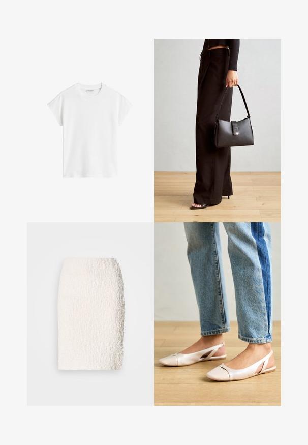 Fehér, rövid ujjú póló, pamutból készült. Lazán illeszkedő, kerek nyakú, enyhén eső vállvarrással rendelkezik. Nincsenek minták vagy díszítések.; Fehér, textúrált ceruzaszoknya enyhén bolyhos felülettel, térd hosszúságú, testhez álló fazonnal, látható zárások vagy díszítések nélkül.; Világos rózsaszín slingback laposlábú cipők, hegyes orral, sima bőrhatású anyagból készült. Oldalt kivágott részletek találhatók rajta, valamint lapos sarkú.; Fekete kézi táska strukturált formával, sima textúrával és fémből készült záródással. Széles fekete nadrággal és nyitott orrú szandállal párosítva, fából készült padlón.