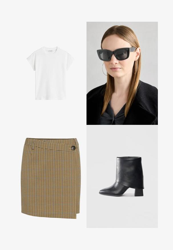 White short-sleeve t-shirt made of cotton. Features a relaxed fit with a crew neckline and slightly dropped shoulder seams. No patterns or accents.; Brown and yellow plaid skirt with blue accents. Features a straight cut, side button closure, and smooth textured fabric.; Black leather ankle boot with a pointed toe, smooth texture, and a structured block heel. Features a high, folded cuff design.; Black cat-eye sunglasses with dark lenses, thick frames, and subtle accents. Worn with a black coat and gray top, featuring long straight hair.; Silk scarf in navy blue and white with a geometric zigzag pattern. Smooth texture, tied neatly around the neck, complementing a ribbed top.
