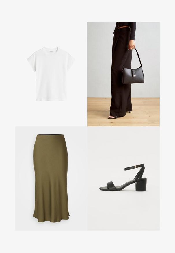 Bela majica s kratkimi rokavi iz bombaža. Ima sproščen kroj z okroglim izrezom in rahlo spuščeno šivov na ramionih. Brez vzorcev ali dodatkov.; DRYKORN URA - Krilo A-kroja - green; Črne sandale na peto z gladkim usnjenim zgornjim delom, odprtim nosom, širokimi sprednjimi trakovi in nastavljivim gležnjenčkom z zlatim zaponko.; Črna torbica z strukturirano obliko, gladko teksturo in kovinskim zaponko. Ujemajo se z širokimi črnimi hlačami in odprtimi sandali na lesenem tleh.