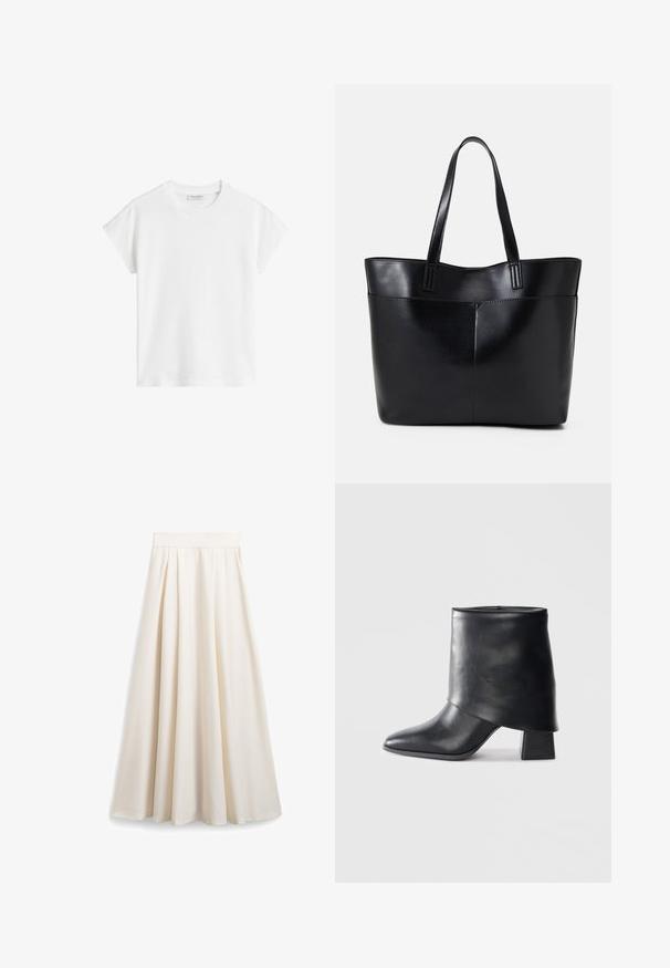 Valkoinen lyhythihainen t-paita, joka on valmistettu puuvillasta. Ominaisuuksia rento malli, pyöreä kaula-aukko ja hieman pudotetut hart seams. Ei kuvioita tai koristeita.; Kermankuoren A-linjainen hame, joka on valmistettu sileästä kankaasta ja jossa on laskoksia sekä leveä vyötärö, mikä luo virtaavan siluetin.; Mustat nahka nilkkurit, joissa on terävä kärki, sileä pinta ja jämäkkä lohkosaapas. Ominaisuuksia korkea, taitettu varren muotoilu.; Musta nahkainen kassi, jossa on kaksi pitkää kahvaa, sileä pinta ja jämäkkä muoto. Sisältää etutaskun lisävarastointia varten.