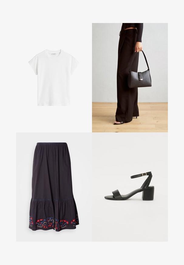 Tricou alb cu mânecă scurtă, din bumbac. Are o croială relaxată, cu decolteu rotund și cusături ale umerilor ușor căzute. Fără modele sau accente.; Fustă din bumbac gri închis cu un design stratificat și accente florale brodate în roșu, albastru și galben la tiv. Talie elastică.; Sandale cu toc înalt negre, cu un superior din piele netedă, vârf deschis, curele frontale late și curea pentru gleznă ajustabilă cu detaliu din aur.; Genți negre cu o formă structurată, textură netedă și un închizător metalic. Asortată cu pantaloni negri largi și sandale cu vârf deschis pe un podea din lemn.