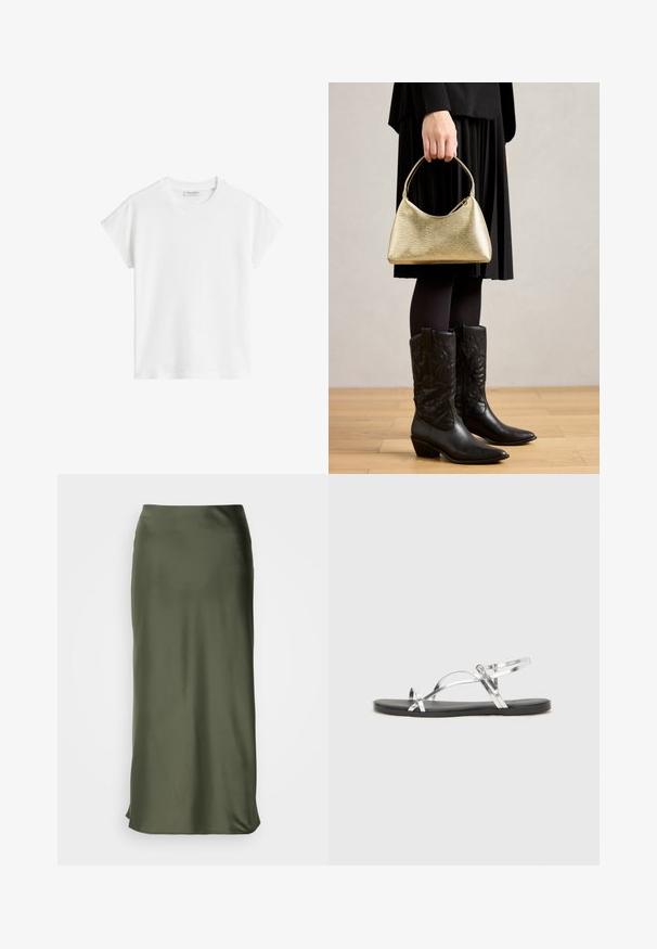 Tricou alb cu mânecă scurtă, din bumbac. Are o croială relaxată, cu decolteu rotund și cusături ale umerilor ușor căzute. Fără modele sau accente.; Lindex MARIA - Fustă în formă de A - dark dusty khaki; Sandale metalice argintii cu un design minimal, având curele subțiri și o talpă plată neagră. Printre elementele de atracție se numără accentele cu curele încrucișate.; Geantă texturată aurie cu o formă curbată și mânere scurte, ținută de o persoană care poartă o fustă plisată neagră și cizme cowboy negre din piele.