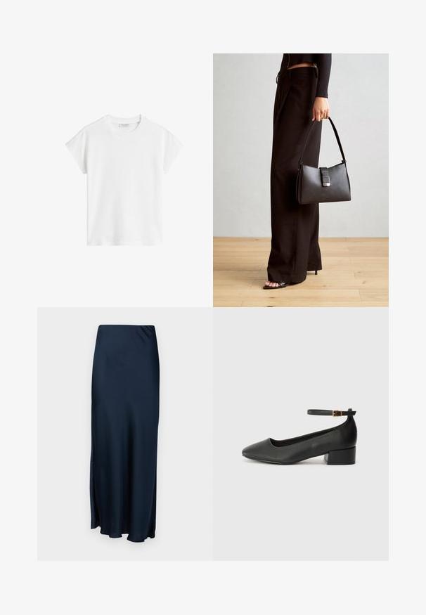 White short-sleeve t-shirt made of cotton. Features a relaxed fit with a crew neckline and slightly dropped shoulder seams. No patterns or accents.; Lindex MARY - Maxi skirt - navy blue; Black leather pump with a pointed toe and a low block heel. Features an ankle strap with a gold-tone buckle. Smooth texture.; Black handbag with structured shape, smooth texture, and a metallic clasp. Paired with wide black pants and open-toe sandals on wooden floor.