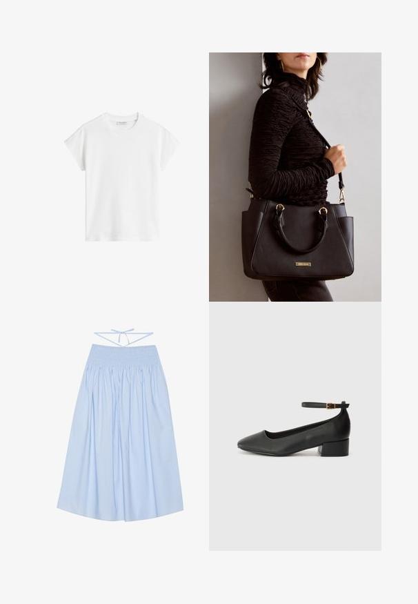 White short-sleeve t-shirt made of cotton. Features a relaxed fit with a crew neckline and slightly dropped shoulder seams. No patterns or accents.; Light blue, cotton skirt with smocked waist, flowing silhouette, wide pleats, and thin tie straps at the back for adjustable fit.; Black leather pump with a pointed toe and a low block heel. Features an ankle strap with a gold-tone buckle. Smooth texture.; Black handbag with textured surface, dual top handles, and adjustable shoulder strap. Features gold-tone hardware and side pockets.