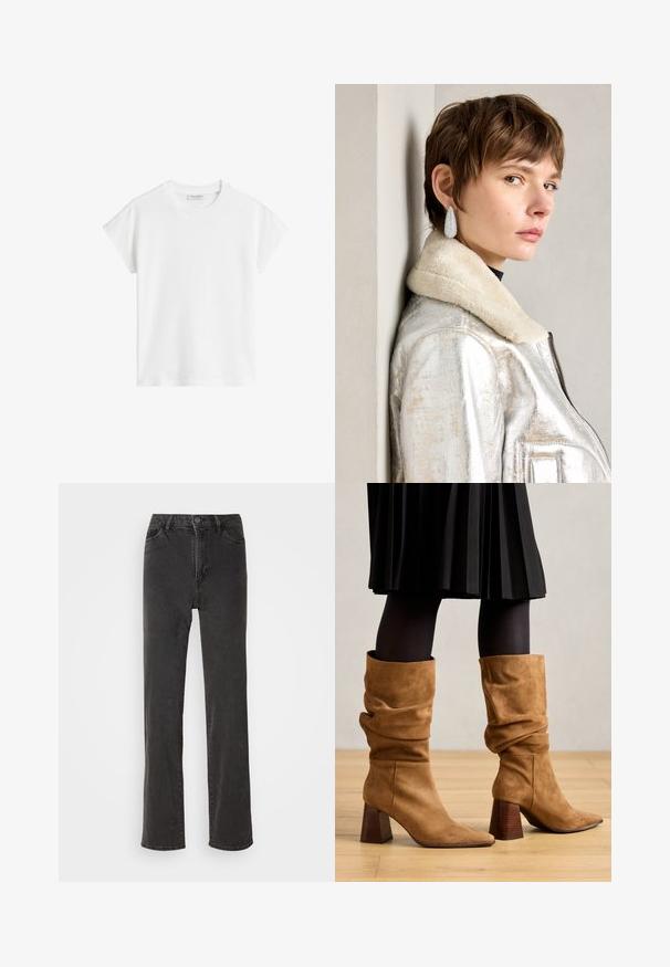 Biała koszulka z krótkim rękawem wykonana z bawełny. Posiada luźny krój, okrągły dekolt oraz lekko opuszczone szwy ramion. Brak wzorów lub dodatkowych akcentów.; Czarne dżinsy o prostym kroju, wysokim stanie, z pięcioma kieszeniami i zapięciem na guzik. Materiał ma delikatną fakturę, bez widocznych wzorów.; Brązowe zamszowe botki z luźnym fasonem sięgające kostki, z ostrymi noskami i drewnianymi obcasami. Noszone z czarnymi rajstopami i plisowaną czarną spódnicą.; Srebrna metaliczna skórzana kurtka z kołnierzem z owczej wełny, z zamkiem błyskawicznym i teksturowaną powierzchnią. Duże kolczyki w kształcie łzy z przezroczystymi kamieniami szlachetnymi.
