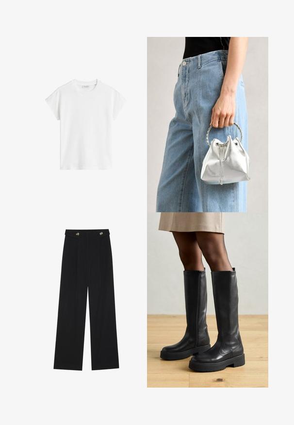 T-shirt branco de manga curta feito de algodão. Apresenta um corte descontraído com decote redondo e costuras de ombro ligeiramente caídas. Sem padrões ou detalhes.; Calças largas pretas com cintura alta, detalhes em botão na cintura e pregas frontais.; Botas de couro pretas até ao joelho com uma textura suave, apresentando uma sola de borracha grossa e um zíper lateral para fácil colocação.; Saco de balde prateado metálico com um acabamento texturizado, adornado com uma pega redonda prateada e fecho de cordão, segurado contra jeans azul claro.