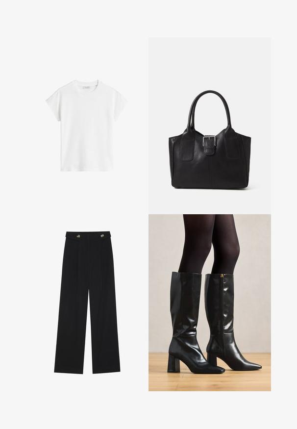 White short-sleeve t-shirt made of cotton. Features a relaxed fit with a crew neckline and slightly dropped shoulder seams. No patterns or accents.; Black wide-leg trousers with high waist, button details on waistband, and front pleats.; Knee-high black leather boots with a glossy finish, pointed toe, and chunky heel. Side zipper detail for easy wear.; Black leather tote bag with smooth texture, structured shape, two handles, and a prominent silver buckle detail on the front.
