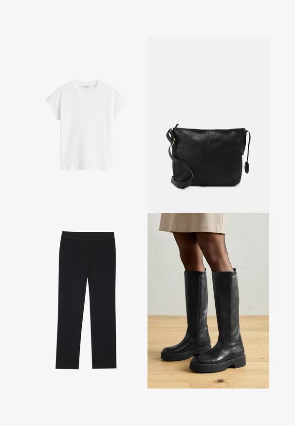 Valkoinen lyhythihainen t-paita, joka on valmistettu puuvillasta. Ominaisuuksia rento malli, pyöreä kaula-aukko ja hieman pudotetut hart seams. Ei kuvioita tai koristeita.; Mustat housut suoranlahkeisella muotoilulla, joissa on sivutaskut ja sileä kangas. Vähäisellä yksityiskohdalla, siisti vyötärö.; Mustat polvipituiset saappaat, jotka on valmistettu sileästä nahasta, ja joissa on paksu kumipohja sekä sivuvetoketju helppoa pukemista varten.; Musta nahkainen olkalaukku, jossa on litteä muoto, kultaiset yksityiskohdat ja säädettävä hihna. Sujuva pinta, jossa on vain vähän ompelutietoja.