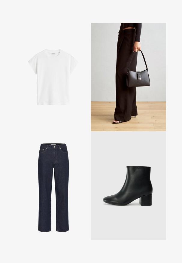 Biała koszulka z krótkim rękawem wykonana z bawełny. Posiada luźny krój, okrągły dekolt oraz lekko opuszczone szwy ramion. Brak wzorów lub dodatkowych akcentów.; Gestuz - Wide leg; Czarne skórzane botki za kostkę z ostrym noskiem i masywnym obcasem. Gładka tekstura z minimalnymi akcentami i elegancki, dopasowany fason.; Czarna torebka o usztywnionym kształcie, gładkiej fakturze i metalowym zapięciem. Połączona z szerokimi czarnymi spodniami i sandałami na otwartym palcu na drewnianej podłodze.