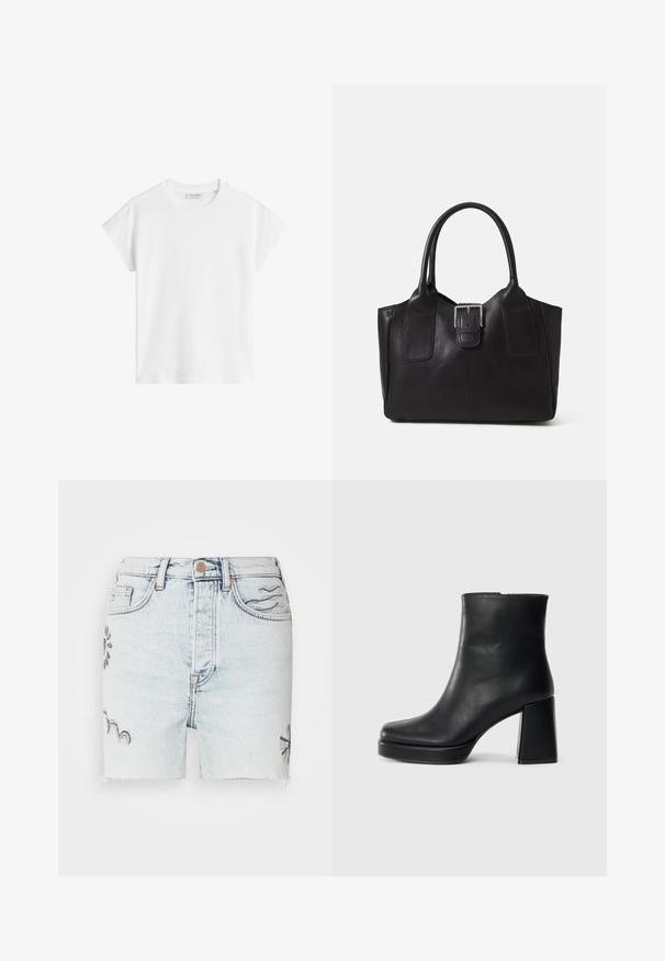 Valkoinen lyhythihainen t-paita, joka on valmistettu puuvillasta. Ominaisuuksia rento malli, pyöreä kaula-aukko ja hieman pudotetut hart seams. Ei kuvioita tai koristeita.; Vaaleat pesulappuhousut sisältävät purjeet, siniset brodeeratut kukkakuvioinnit ja perinteisen viisi-taskullisen tyylin metallinappikiinnityksellä.; Musta nahkasaapas nilkkapituisena, jossa on paksu korko ja alustapohja, nähtynä sivulta yksinkertaisella valkoisella taustalla.; Musta nahkainen olkalaukku, jossa on sileä pinta, ryhdikäs muoto, kaksi kahvaa ja silmienpistävä hopeinen solkiyksityiskohta edessä.