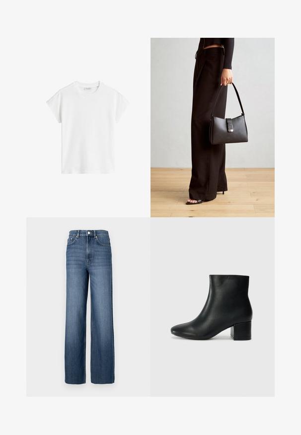 Bela majica s kratkimi rokavi iz bombaža. Ima sproščen kroj z okroglim izrezom in rahlo spuščeno šivov na ramionih. Brez vzorcev ali dodatkov.; Modri jeans z visokim pasom in širokimi hlačnicami. Imajo klasičen pet-pocket dizajn in detajle iz kovinskega gumba.; Črne usnjene gležnjarje s koničastim nosom in debelim peto. Gladka tekstura z minimalnimi detajli in eleganten, prilegajoč dizajn.; Črna torbica z strukturirano obliko, gladko teksturo in kovinskim zaponko. Ujemajo se z širokimi črnimi hlačami in odprtimi sandali na lesenem tleh.