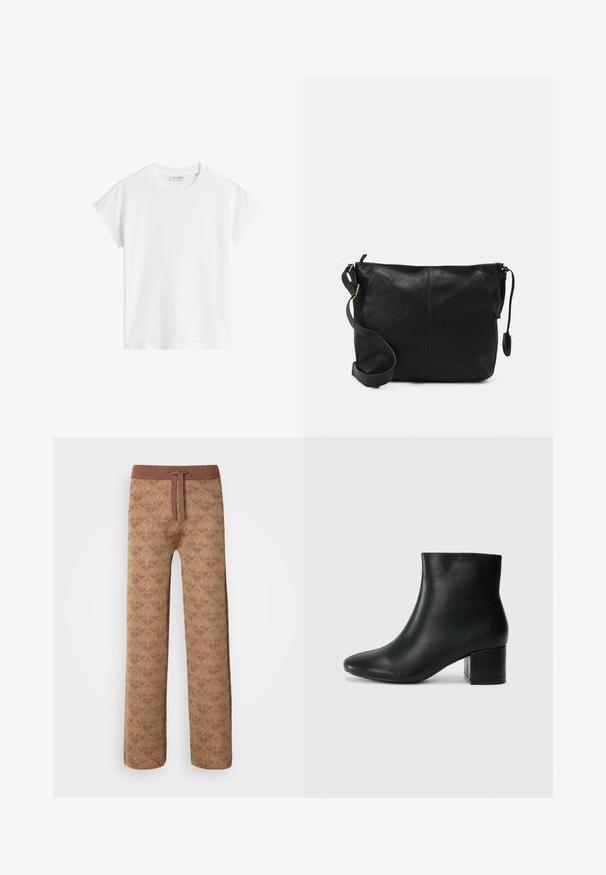 White short-sleeve t-shirt made of cotton. Features a relaxed fit with a crew neckline and slightly dropped shoulder seams. No patterns or accents.; Brown patterned lounge pants featuring a textured fabric, elastic waistband with drawstring, and a loose fit design.; Black leather ankle boots with a pointed toe and a chunky heel. Smooth texture with minimal accents and a sleek, fitted design.; Black leather crossbody bag with a flat shape, gold hardware accents, and an adjustable strap. Smooth texture with minimal stitching details.