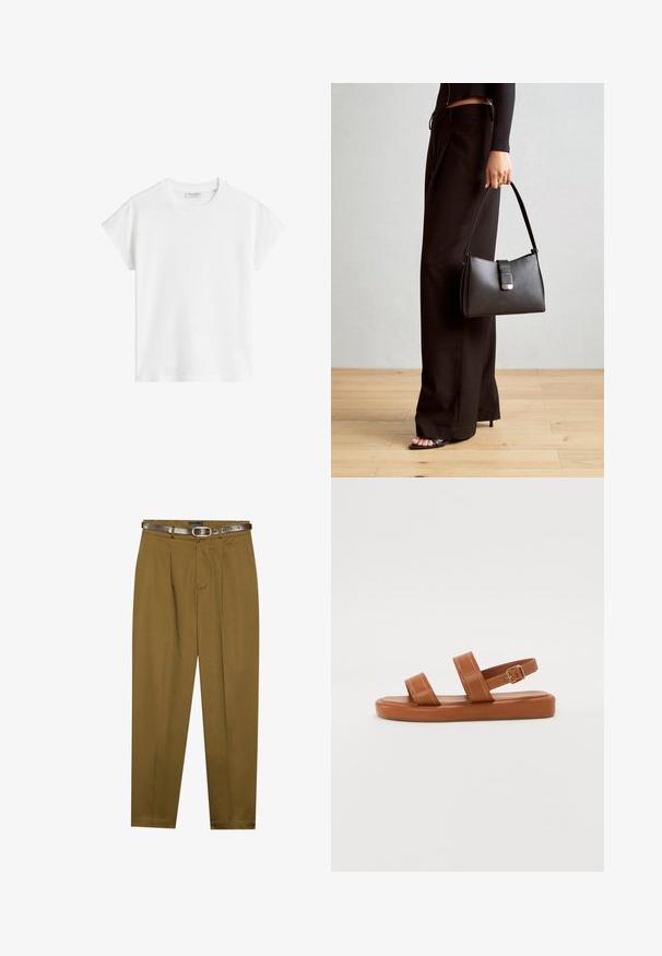 White short-sleeve t-shirt made of cotton. Features a relaxed fit with a crew neckline and slightly dropped shoulder seams. No patterns or accents.; Brown, tailored trousers with a pleated front and a fitted waistband. Dark brown leather belt included, featuring a round buckle.; Brown leather sandals with two wide straps and a back strap, featuring a flat sole with subtle stitching detail and metal buckle accent.; Black handbag with structured shape, smooth texture, and a metallic clasp. Paired with wide black pants and open-toe sandals on wooden floor.