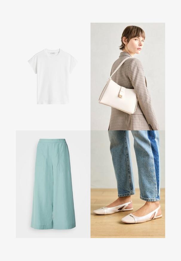 T-shirt blanc à manches courtes en coton. Présente une coupe décontractée avec un col rond et des coutures d'épaule légèrement abaissées. Sans motifs ni accents.; Pantalons larges couleur aqua en tissu léger, dotés d'une taille élastique et de coutures minimalistes.; Ballerines slingback rose pâle avec un bout pointu, fabriquées en un matériau semblable au cuir lisse. Présentent des découpes sur les côtés et un talon plat.; Sac à main en cuir blanc au design structuré, doté d'un fermoir magnétique et d'une bandoulière, présenté sur un fond neutre.