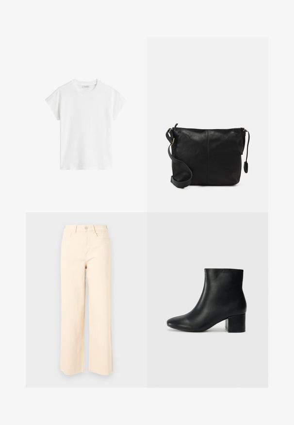 White short-sleeve t-shirt made of cotton. Features a relaxed fit with a crew neckline and slightly dropped shoulder seams. No patterns or accents.; Beige wide-leg jeans made of cotton, featuring a high waist, a button closure, and two front pockets with a smooth, textured finish.; Black leather ankle boots with a pointed toe and a chunky heel. Smooth texture with minimal accents and a sleek, fitted design.; Black leather crossbody bag with a flat shape, gold hardware accents, and an adjustable strap. Smooth texture with minimal stitching details.